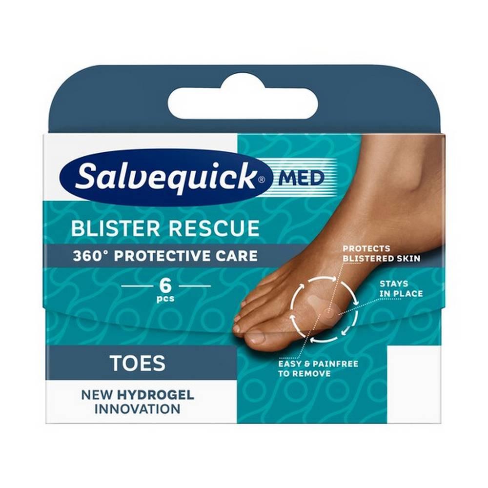 salvequick med blister rescue toes 6 blister plasters 6 pcs Medical device Salvequick Med Blister Rescue Toes are innovative, hydrogel patches providing 360o protection of finger blisters. The dressings do not stick to the blisters and are easy to remove.