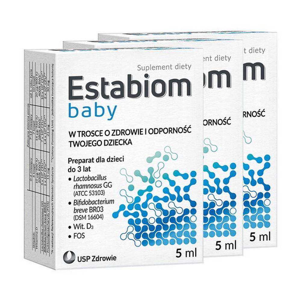 set 3x estabiom baby liquid 5 ml Пищевая добавка Estabiom Baby - это препарат в форме капель, предназначенный для детей от 1 месяца. Он содержит один из наиболее изученных штаммов кишечных бактерий - Lactobacillus rhamnosus GG (ATTC53103) и Bifidobacterium breve BR03.