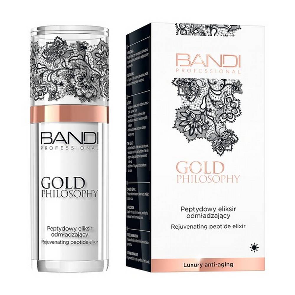 bandi exclusive gold philosophy peptide rejuvenating elixir 30 ml Peptide rejuvenating elixir - revitalizes, moisturizes and makes all signs of aging less visible. It has anti-aging properties, firms and improves the contour of the face. Perfect under makeup. A peptide rejuvenating elixir, Bandi Exclusive Gold Philosophy. Reduces the appearance of fine lines and pores.