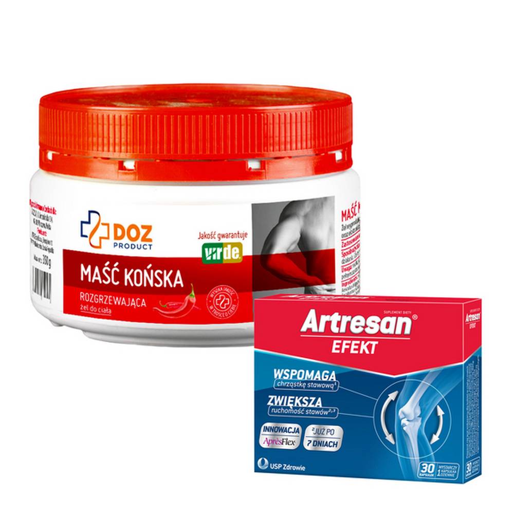 joint kit Шарнирный комплект обеспечивает комплексную защиту как снаружи, так и изнутри. Пищевая добавка Artresan Forte поддерживает поддержание надлежащего состояния суставов и хрящей, а мазь DOZ PRODUCT Warming для лошадей помогает увеличить кровоснабжение определенной области, тем самым облегчая чувство боли.