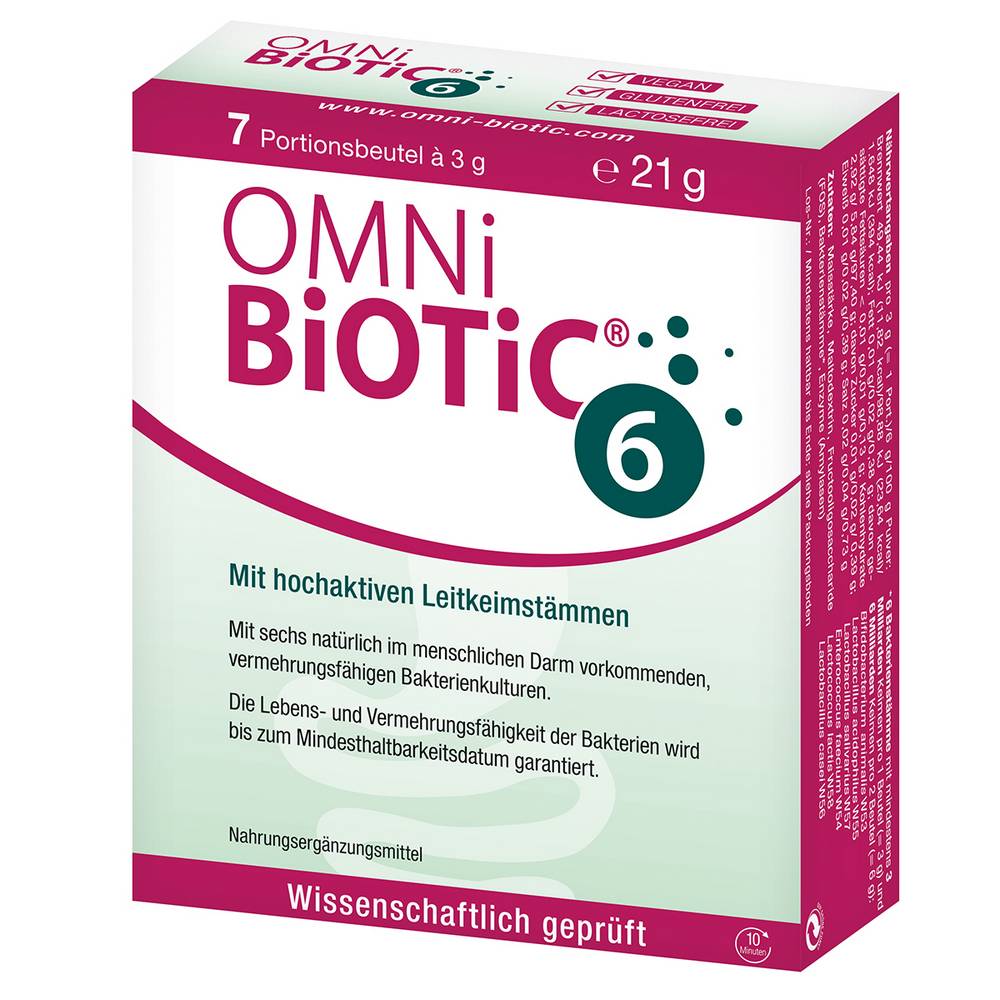 omni biotic 6 7 x 5 g Contains six important, highly active lead germ strains that colonize the intestine from top to bottom